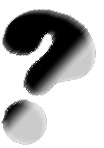 Large, tilted, decorative question mark in black and white